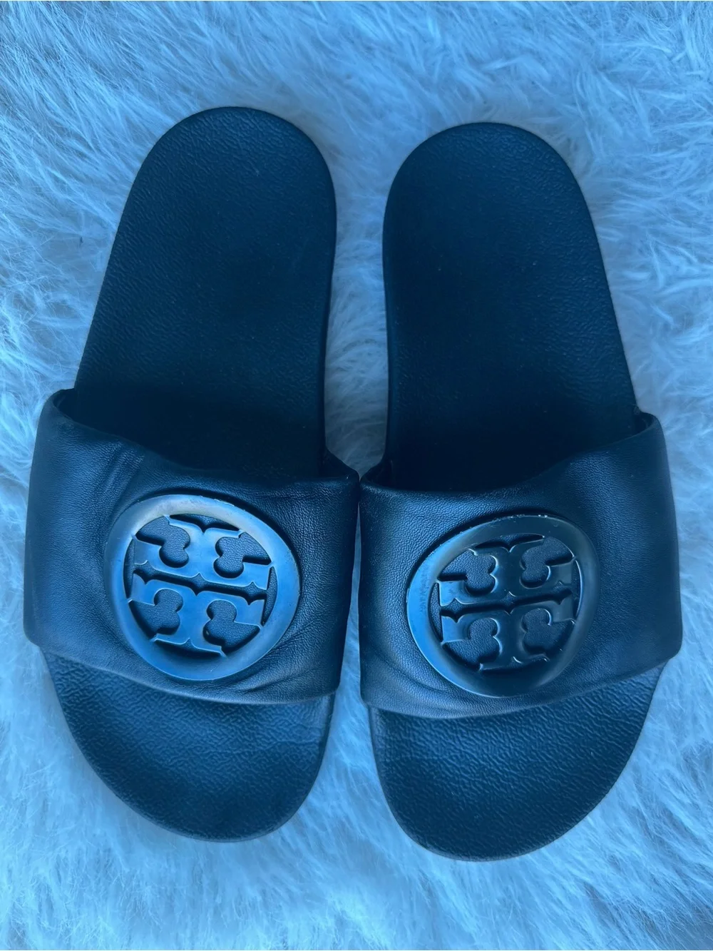 Tory Burch women’s Black Leather double T Logo Lina Slide Sandals 7